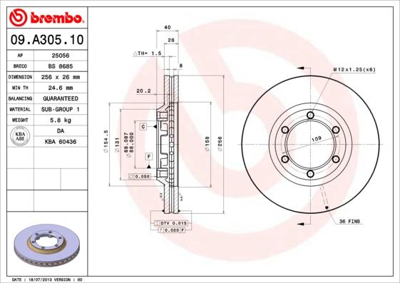 Brembo 09.A305.10 - Bremžu diski autodraugiem.lv