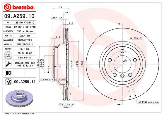 Brembo 09.A259.11 - Bremžu diski autodraugiem.lv