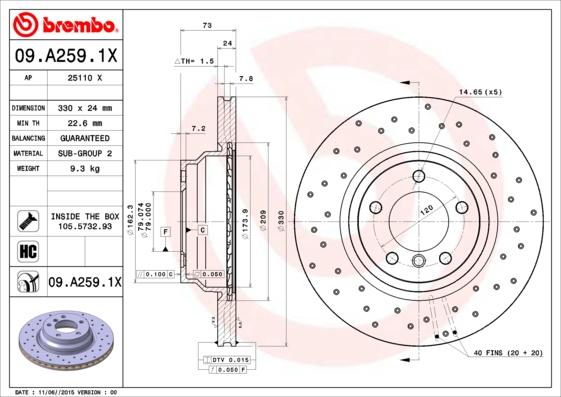 Brembo 09.A259.1X - Bremžu diski autodraugiem.lv