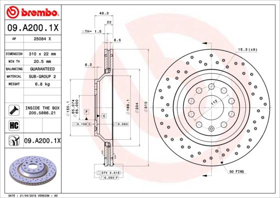 Brembo 09.A200.1X - Bremžu diski autodraugiem.lv
