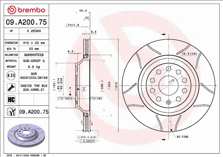 Brembo 09.A200.75 - Bremžu diski autodraugiem.lv