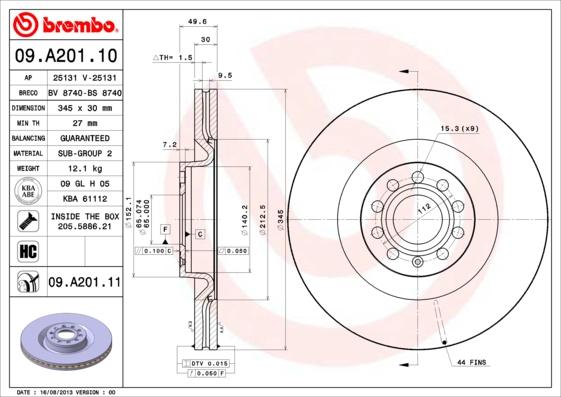 Brembo 09.A201.10 - Bremžu diski autodraugiem.lv