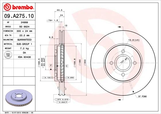 Brembo 09.A275.10 - Bremžu diski autodraugiem.lv