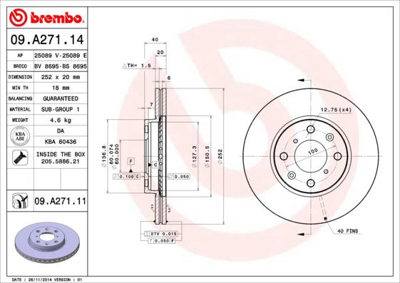 Brembo 09.A271.14 - Bremžu diski autodraugiem.lv