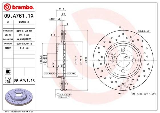 Brembo 09.A761.1X - Bremžu diski autodraugiem.lv