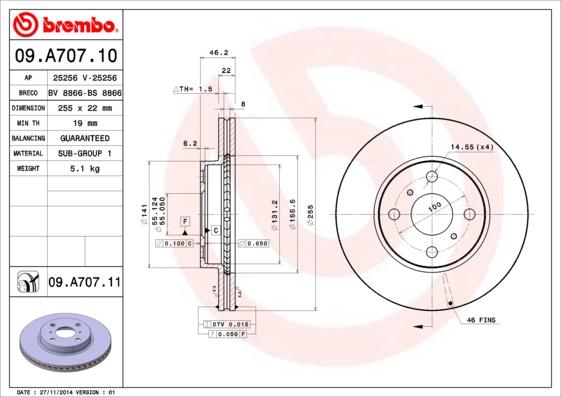 Brembo 09.A707.11 - Bremžu diski autodraugiem.lv