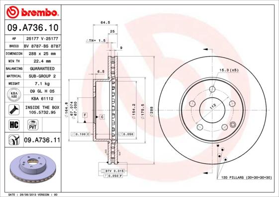 Brembo 09.A736.10 - Bremžu diski autodraugiem.lv