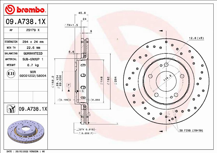 Brembo 09.A738.1X - Bremžu diski autodraugiem.lv