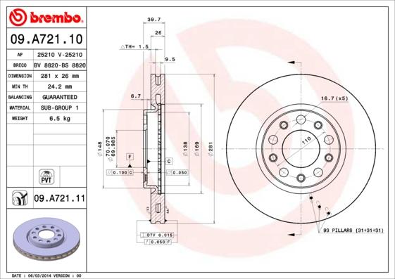 Brembo 09.A721.10 - Bremžu diski autodraugiem.lv