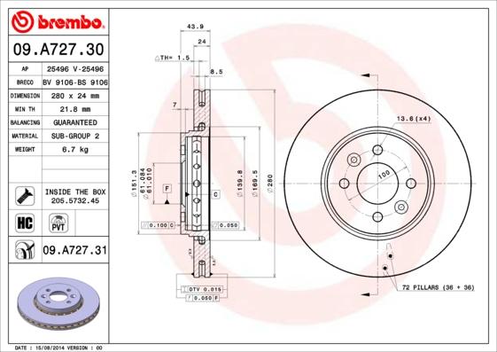 Brembo 09.A727.31 - Bremžu diski autodraugiem.lv