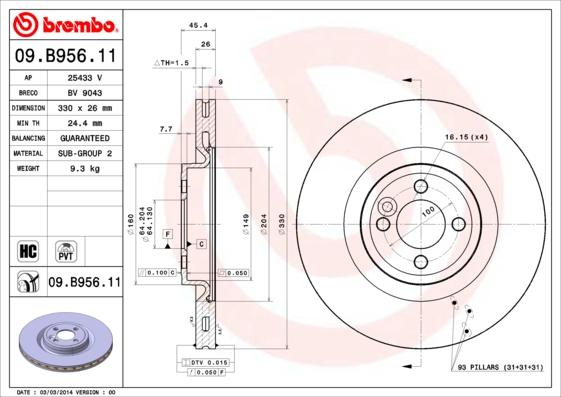 Brembo 09.B956.11 - Bremžu diski autodraugiem.lv