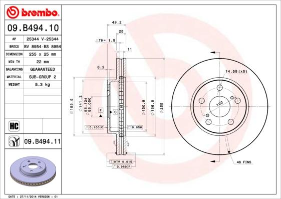 Brembo 09.B494.11 - Bremžu diski autodraugiem.lv