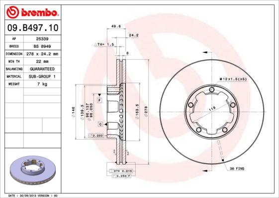 Brembo 09.B497.10 - Bremžu diski autodraugiem.lv