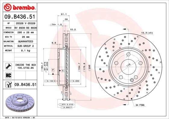 Brembo 09.B436.51 - Bremžu diski autodraugiem.lv