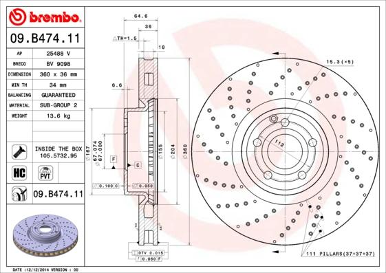 Brembo 09.B474.11 - Bremžu diski autodraugiem.lv