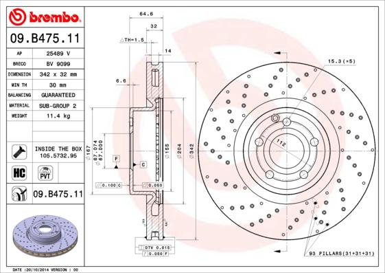 Brembo 09.B475.11 - Bremžu diski autodraugiem.lv