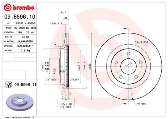 Brembo 09.B596.11 - Bremžu diski autodraugiem.lv