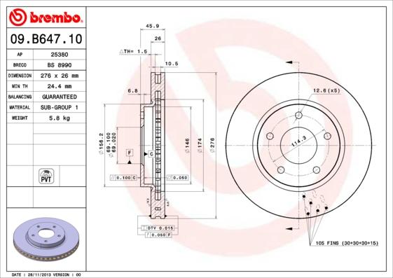 Brembo 09.B647.10 - Bremžu diski autodraugiem.lv