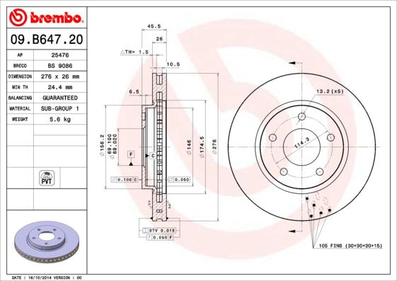 Brembo 09.B647.20 - Bremžu diski autodraugiem.lv