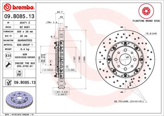 Brembo 09.B085.13 - Bremžu diski autodraugiem.lv