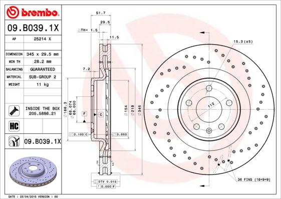 Brembo 09.B039.1X - Bremžu diski autodraugiem.lv