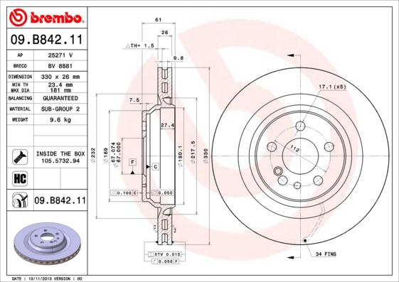 Brembo 09.B842.11 - Bremžu diski autodraugiem.lv