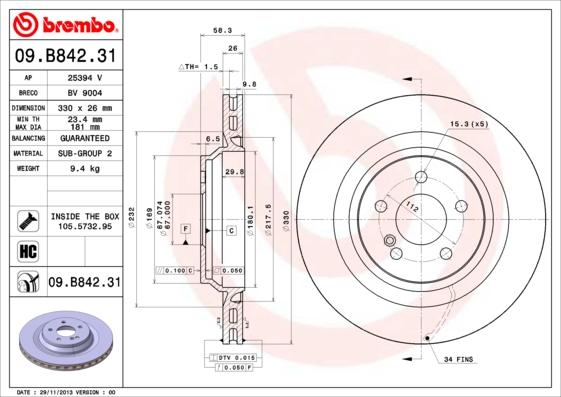 Brembo 09.B842.31 - Bremžu diski autodraugiem.lv