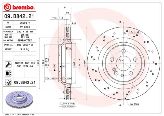 Brembo 09.B842.21 - Bremžu diski autodraugiem.lv