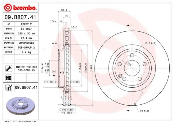 Brembo 09.B807.41 - Bremžu diski autodraugiem.lv