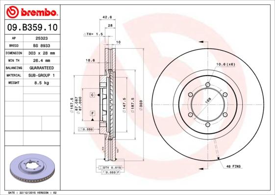 Brembo 09.B359.10 - Bremžu diski autodraugiem.lv