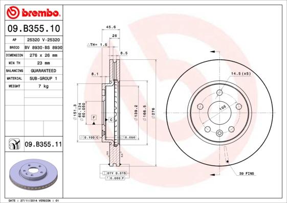 Brembo 09.B355.11 - Bremžu diski autodraugiem.lv