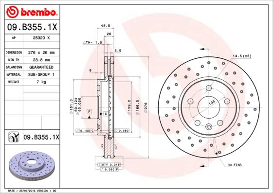 Brembo 09.B355.1X - Bremžu diski autodraugiem.lv