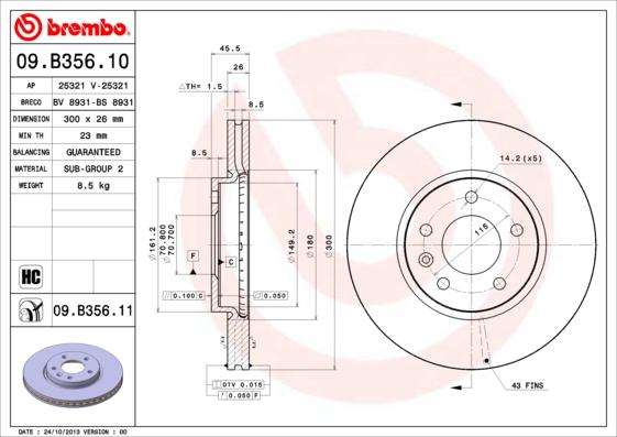 Brembo 09.B356.10 - Bremžu diski autodraugiem.lv