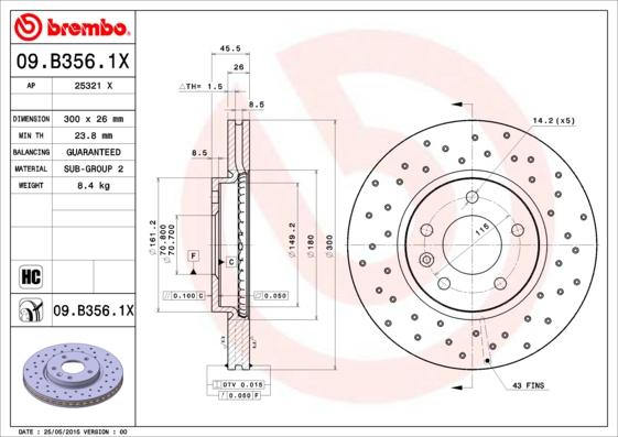 Brembo 09.B356.1X - Bremžu diski autodraugiem.lv