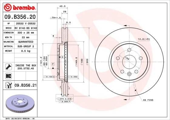 Brembo 09.B356.20 - Bremžu diski autodraugiem.lv