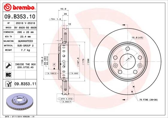 Brembo 09.B353.10 - Bremžu diski autodraugiem.lv