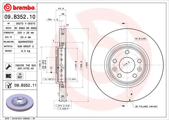 Brembo 09.B352.10 - Bremžu diski autodraugiem.lv