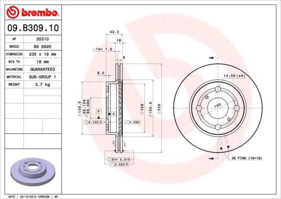 Brembo 09.B309.10 - Bremžu diski autodraugiem.lv