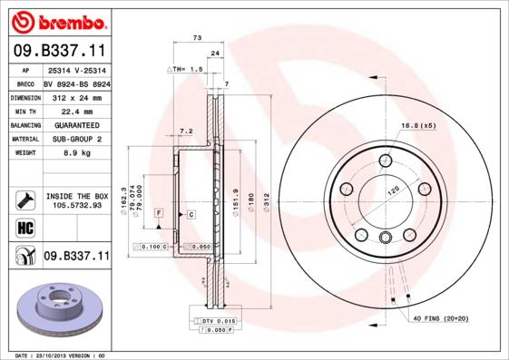 Brembo 09.B337.11 - Bremžu diski autodraugiem.lv