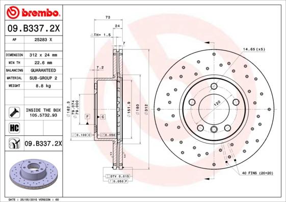 Brembo 09.B337.2X - Bremžu diski autodraugiem.lv