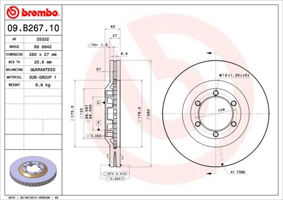 Brembo 09.B267.10 - Bremžu diski autodraugiem.lv