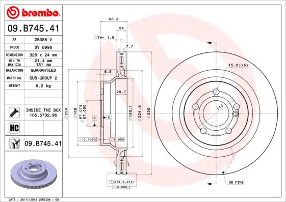 Brembo 09.B745.41 - Bremžu diski autodraugiem.lv