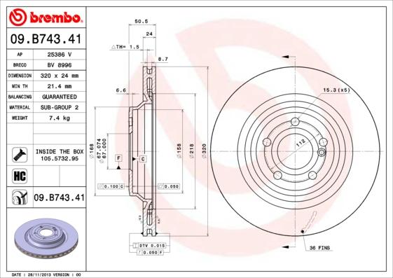 Brembo 09.B743.41 - Bremžu diski autodraugiem.lv