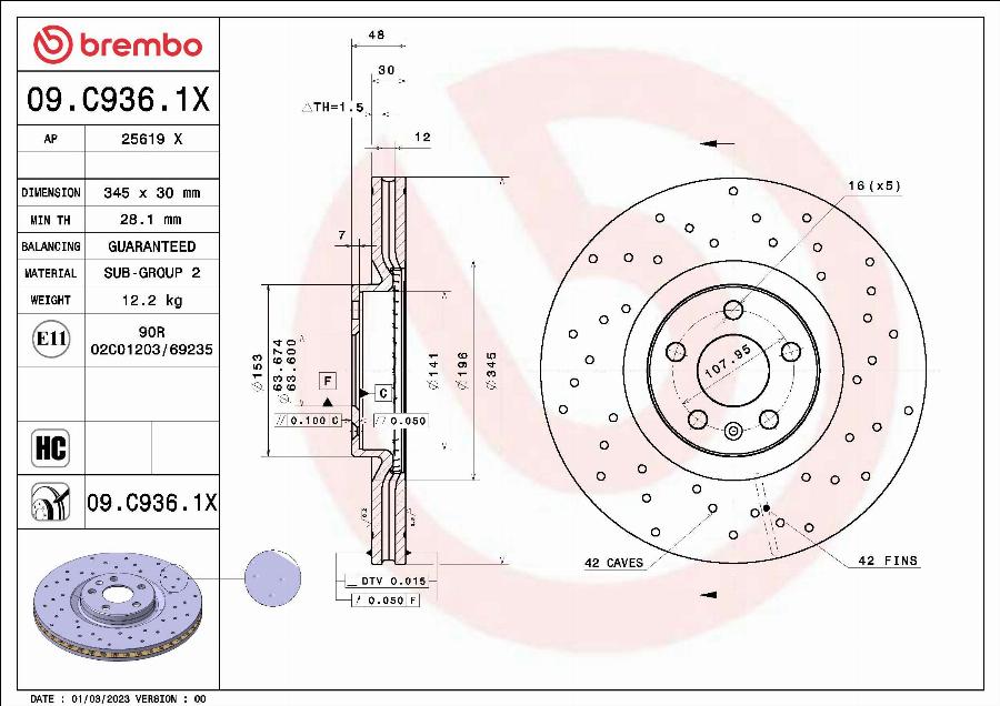 Brembo 09.C936.1X - Bremžu diski autodraugiem.lv