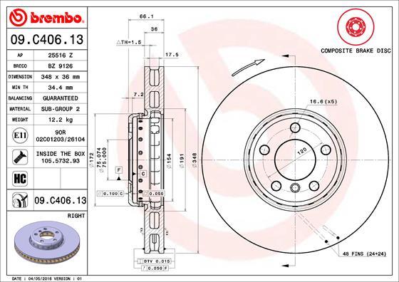 Brembo 09.C406.13 - Bremžu diski autodraugiem.lv