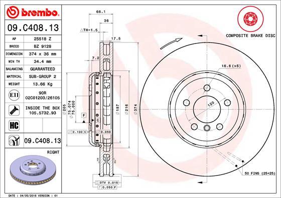 Brembo 09.C408.13 - Bremžu diski autodraugiem.lv