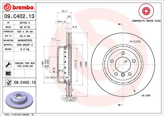 Brembo 09.C402.13 - Bremžu diski autodraugiem.lv