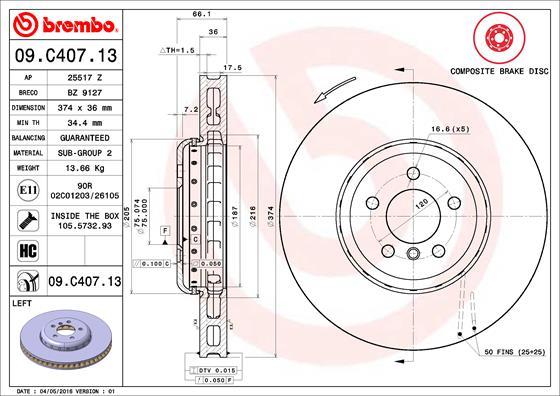 Brembo 09.C407.13 - Bremžu diski autodraugiem.lv