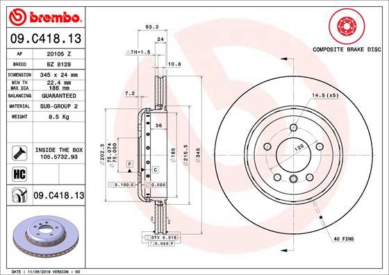 Brembo 09.C418.13 - Bremžu diski autodraugiem.lv