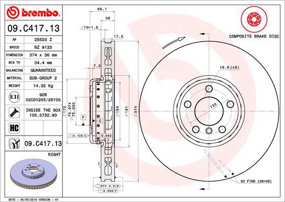 Brembo 09.C417.13 - Bremžu diski autodraugiem.lv